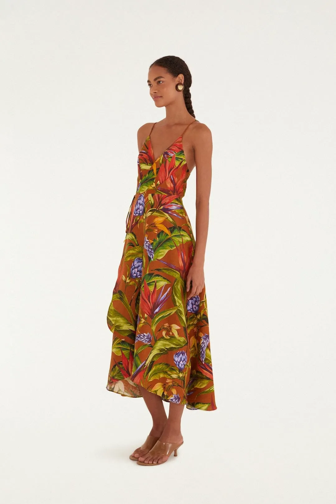 Brown Florart Euroflax™ Premium Linen Midi Wrap Dress sold by FARM Rio product image thumbnail 4