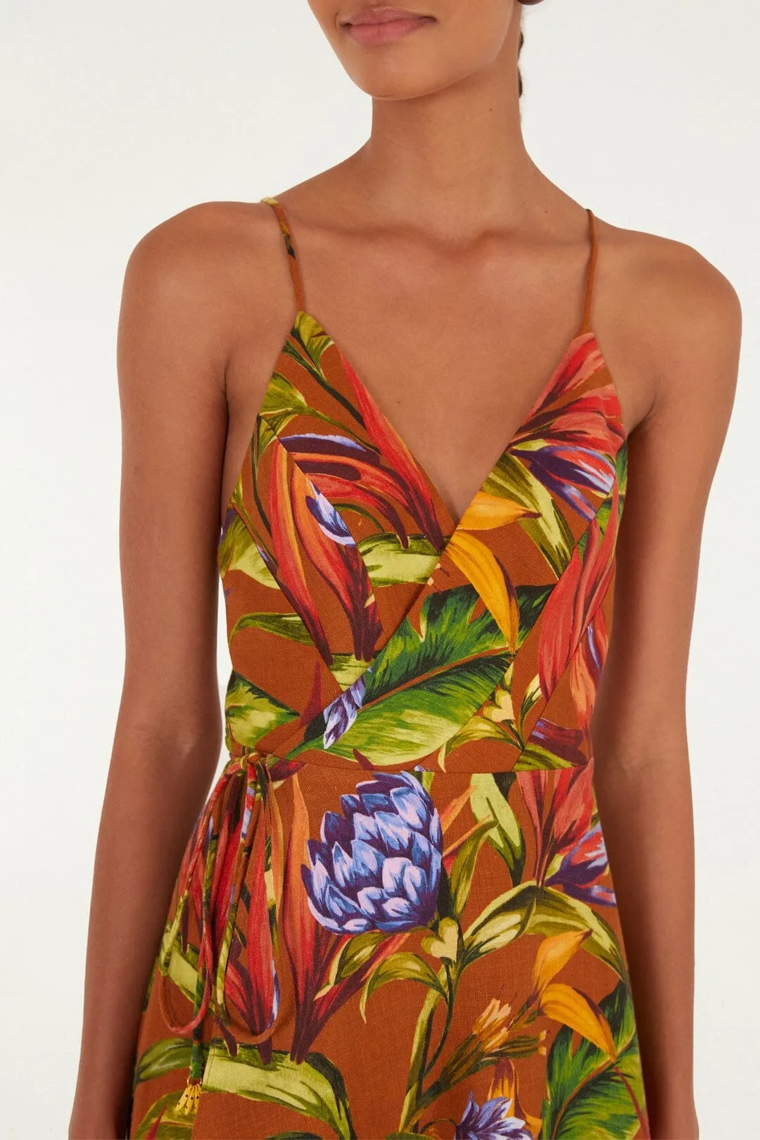 Brown Florart Euroflax™ Premium Linen Midi Wrap Dress sold by FARM Rio product image thumbnail 2