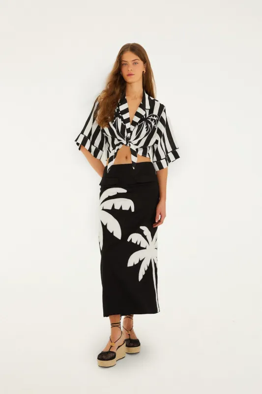 Black Embroidered Palm Tree Euroflax™ Premium Linen Maxi Skirt sold by FARM Rio