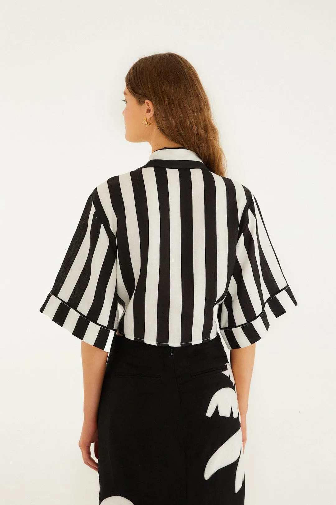 Black Spring Stripes Euroflax™ Premium Linen Short Sleeve Crop Top sold by FARM Rio product image thumbnail 3