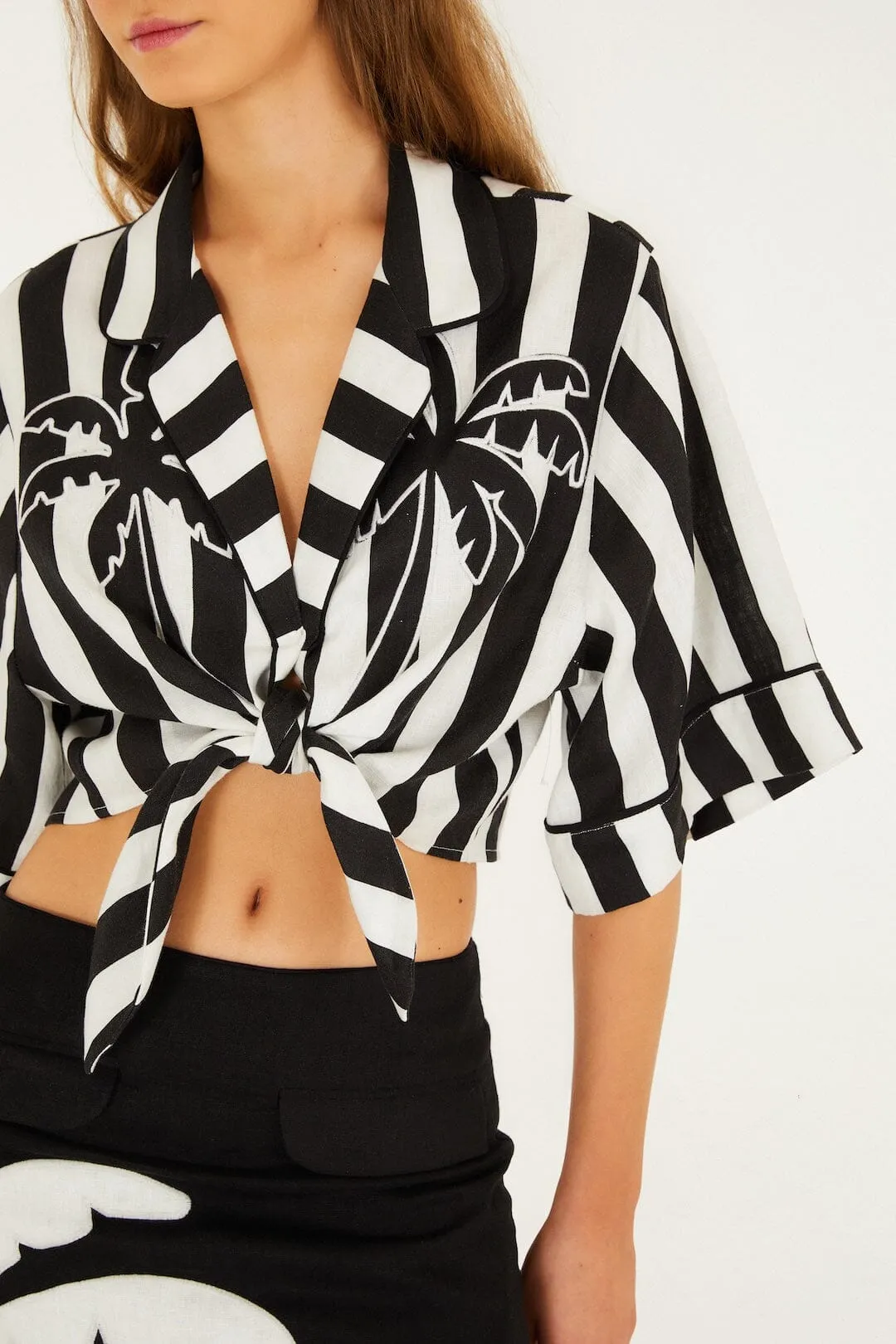 Black Spring Stripes Euroflax™ Premium Linen Short Sleeve Crop Top sold by FARM Rio product image thumbnail 2