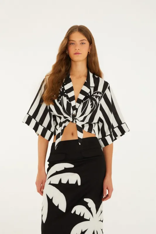 Black Spring Stripes Euroflax™ Premium Linen Short Sleeve Crop Top sold by FARM Rio