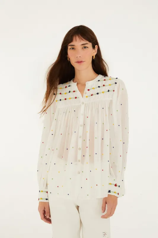 Off-White Embroidered Beads Organic Cotton Long Sleeve Blouse made by FARM Rio