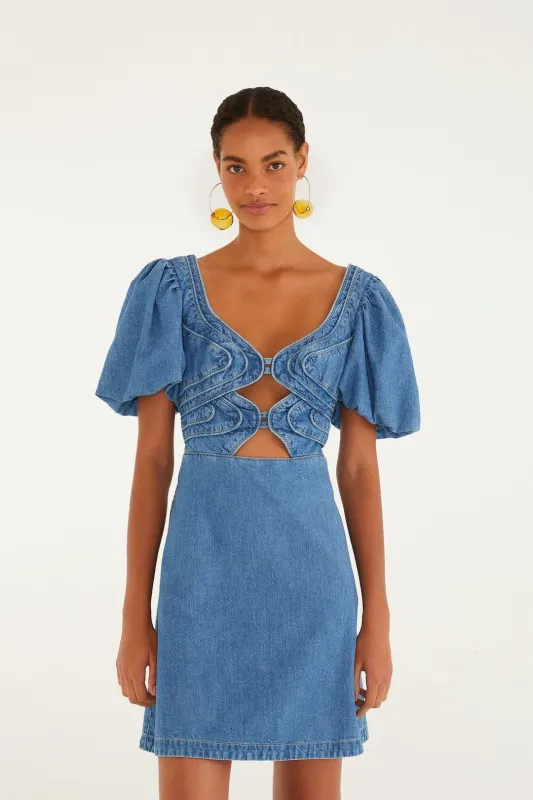 Denim Wavy Cut-Out Puff Sleeve Mini Dress made by FARM Rio