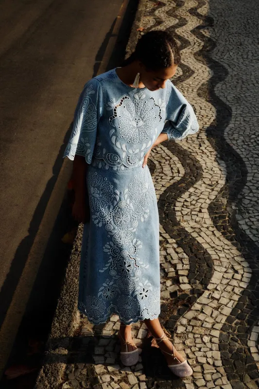 Denim Richelieu Wavy Hem Midi Skirt sold by FARM Rio