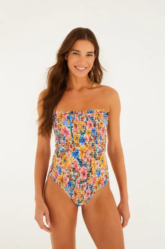 Multicolor Floraline Smocked Strapless One-Piece Swimsuit made by FARM Rio