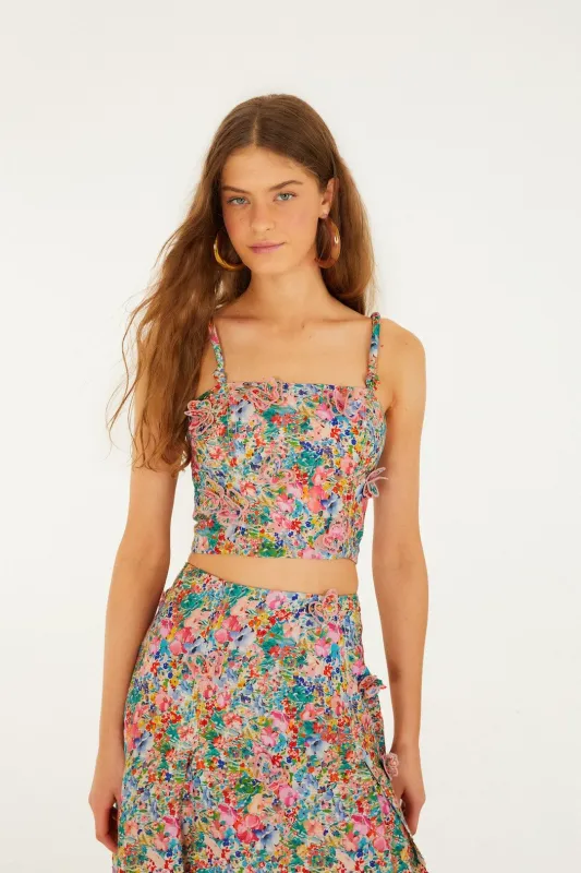 Off-White Peasant Floral Butterflies Euroflax Premium Linen Top made by FARM Rio