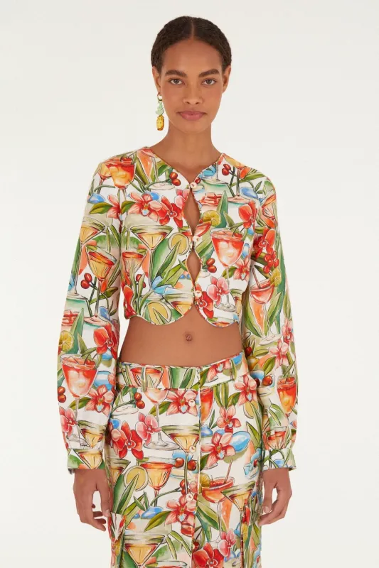 Off-White Cocktail Wavy Long Sleeve Euroflax Premium Linen Top made by FARM Rio