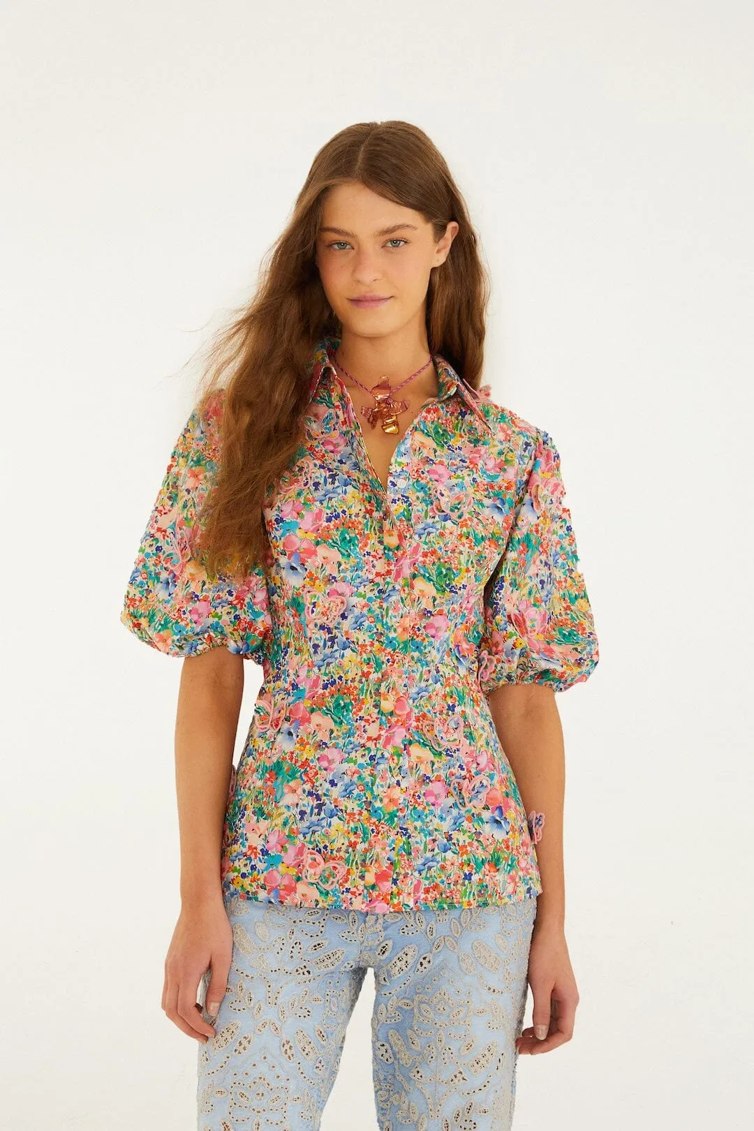 Off-White Peasant Floral Butterflies Organic Cotton Blouse sold by FARM Rio