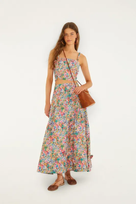 Off-White Peasant Floral Butterflies Euroflax Premium Linen Maxi Skirt made by FARM Rio