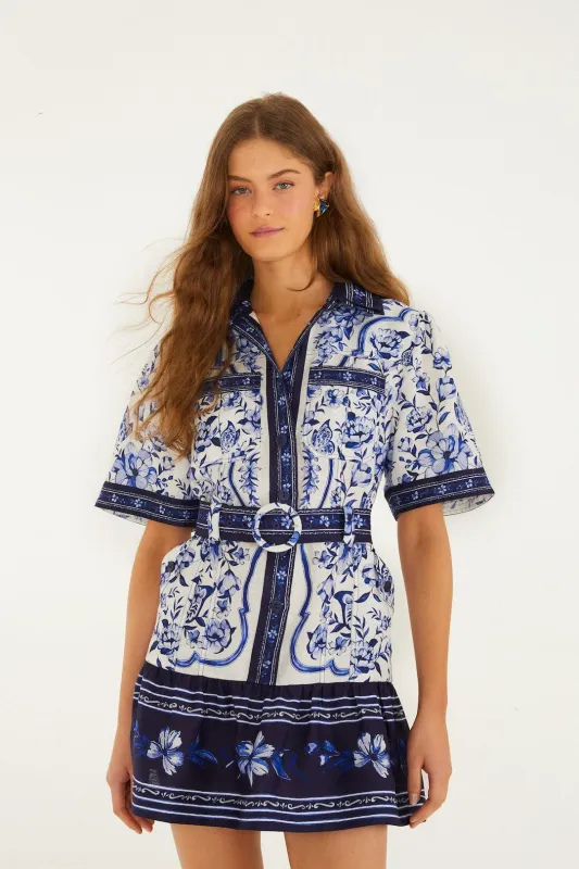 Off-White Porcelain Garden Euroflax™ Premium Linen Mini Dress made by FARM Rio