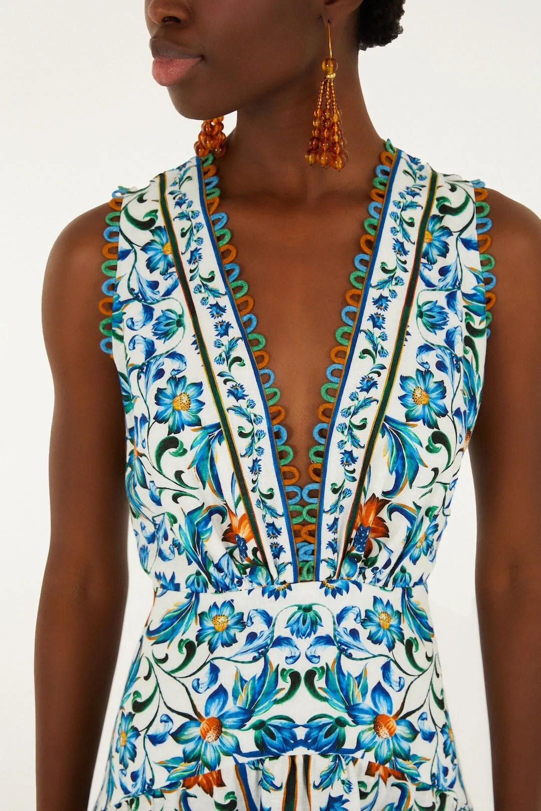 Off-White Flora Tile Scallop Euroflax™ Premium Linen Maxi Dress sold by FARM Rio product image thumbnail 2
