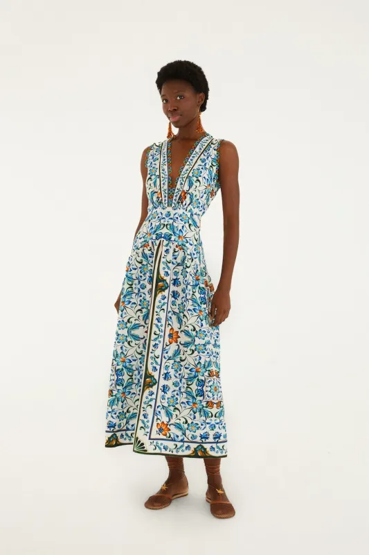 Off-White Flora Tile Scallop Euroflax Premium Linen Maxi Dress made by FARM Rio
