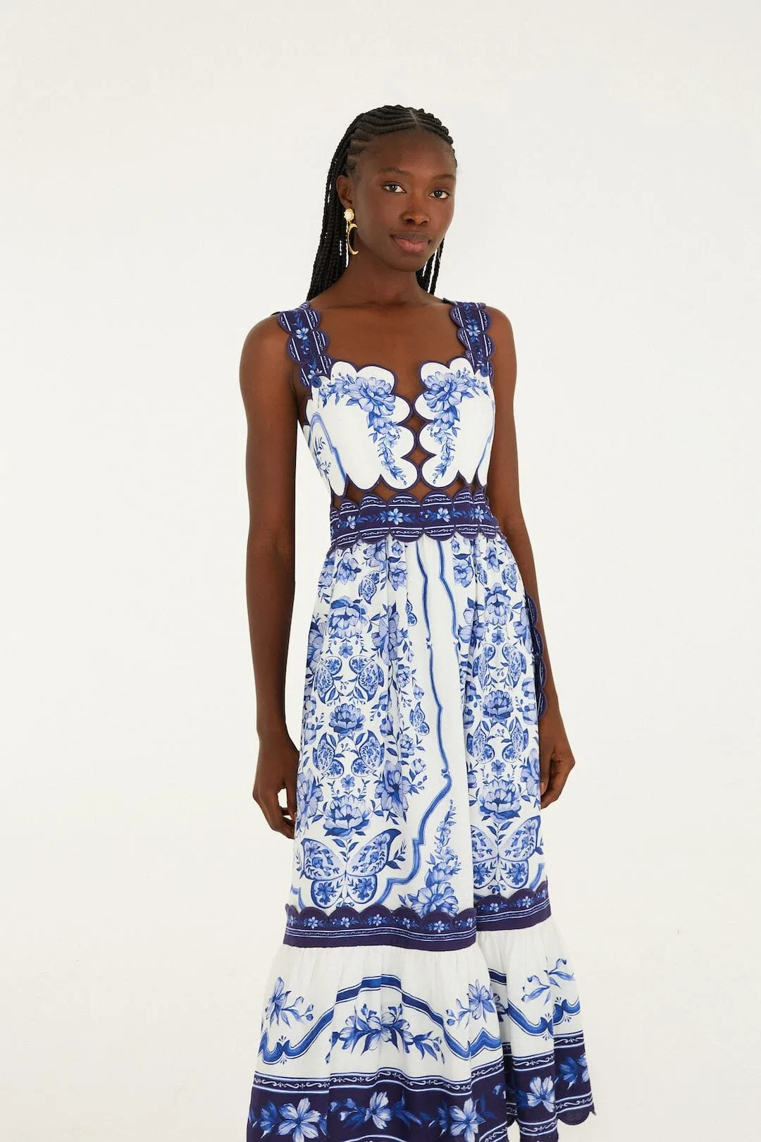 Off-White Porcelain Garden Cut-Out Lenzing Ecovero Euroflax Midi Dress sold by FARM Rio product image thumbnail 4