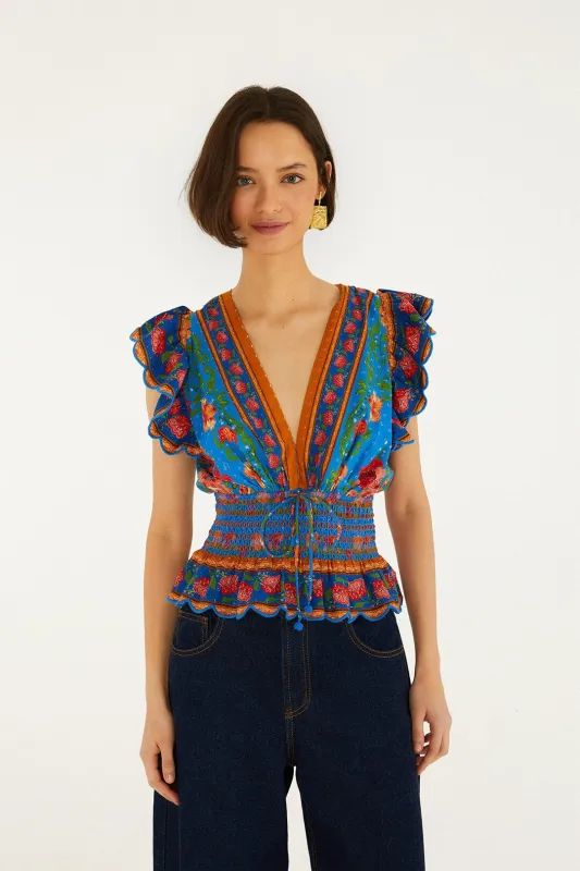 Bright Blue Rococo Flowers Blouse made by FARM Rio