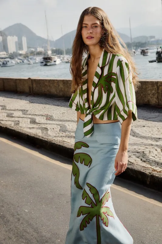 Green Spring Stripes Embroidered Euroflax Premium Linen Crop Top made by FARM Rio