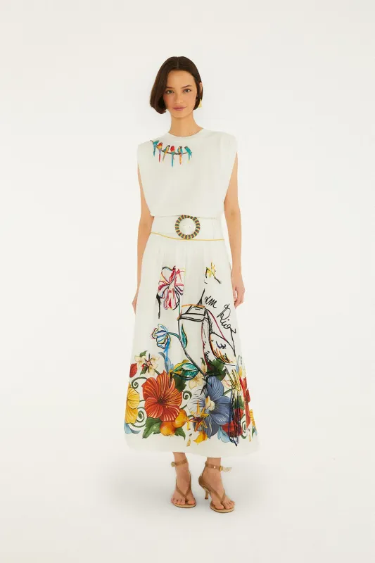 Off-White Tropi Embroidered Euroflax™ Premium Linen Maxi Skirt made by FARM Rio
