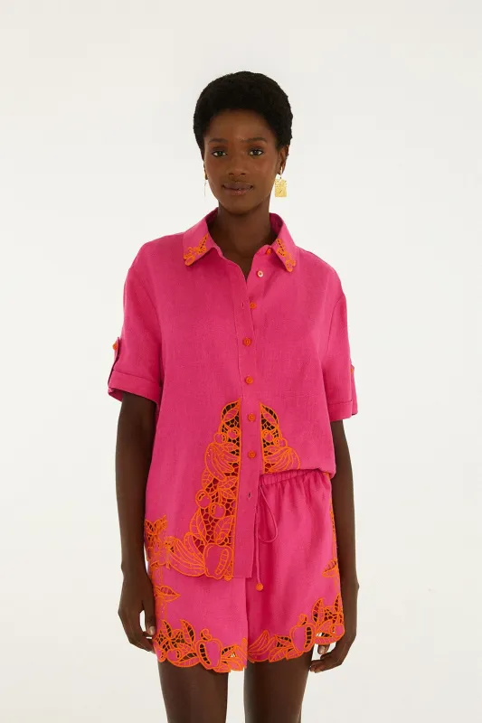 Pink Fruit Richelieu Artisanal Euroflax Premium Linen Shorts made by FARM Rio