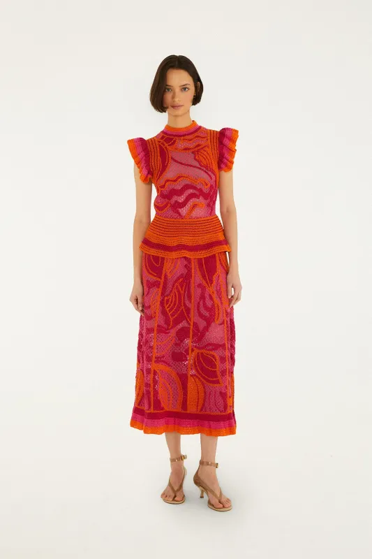 Pink And Orange Seashell Crochet Midi Skirt made by FARM Rio