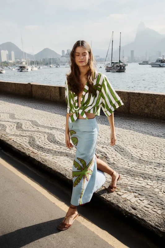 Blue Embroidered Palm Tree Euroflax™ Premium Linen Maxi Skirt made by FARM Rio