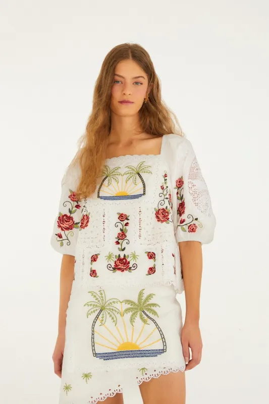 Off-White Tropi Scarf Embroidered Organic Cotton Blouse made by FARM Rio