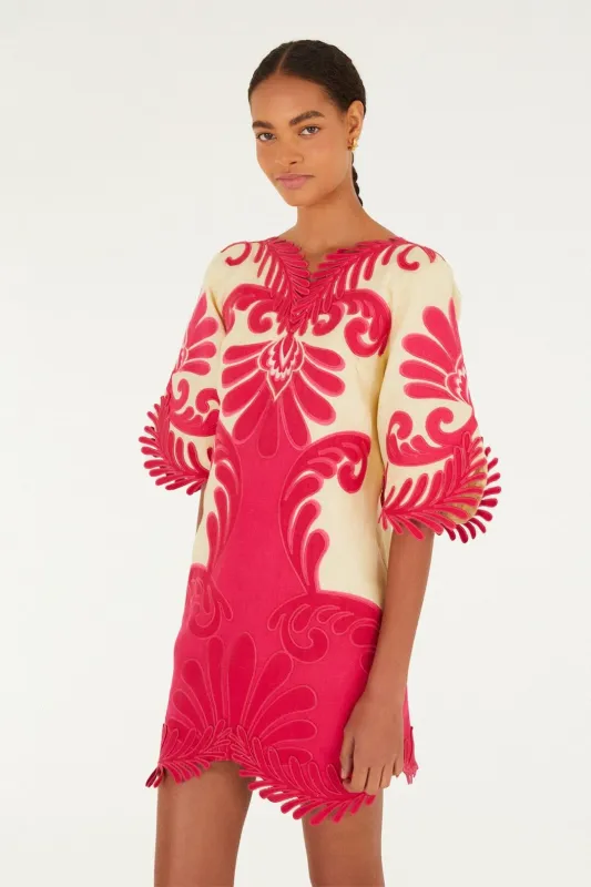 Pink Spring Arabesc Embroidered Euroflax Premium Linen Mini Dress made by FARM Rio