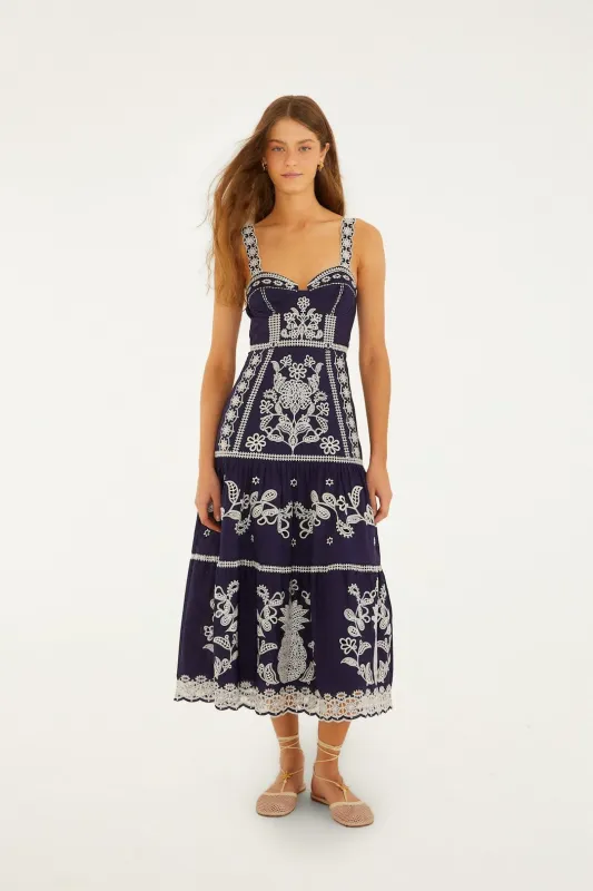 Blue Richelieu Embroidered Organic Cotton Midi Dress made by FARM Rio