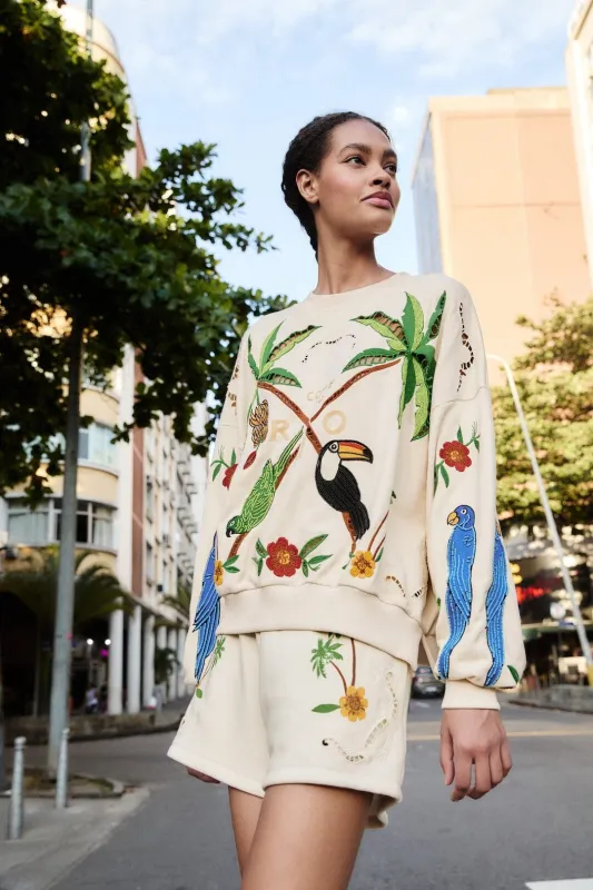 Off-White Coconut Trees Come To Rio Embroidered Shorts made by FARM Rio