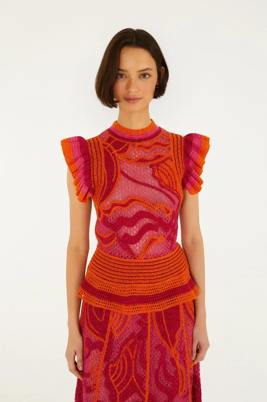Pink And Orange Seashell Ruffled Crochet Top made by FARM Rio