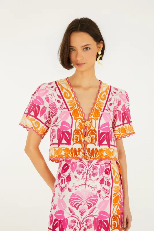 Off-White Santorini Short Sleeve Euroflax Premium Linen Top made by FARM Rio