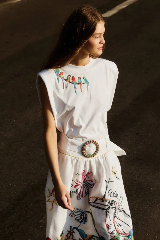 Off-White Birds On Branch Embroidered Organic Cotton T-Shirt made by FARM Rio