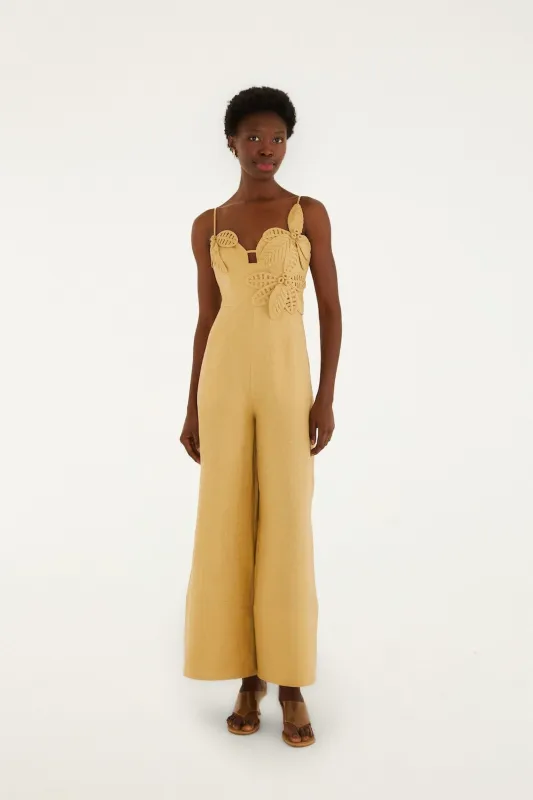 Sand 3d Flowers Euroflax Premium Linen Jumpsuit made by FARM Rio