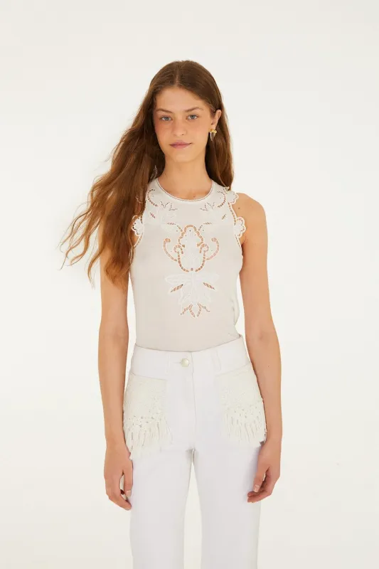 Off-White Lace Sleeveless Organic Cotton Blouse made by FARM Rio