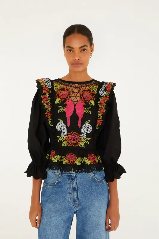 Black Mujeres Y Flores Embroidered Richelieu Blouse made by FARM Rio