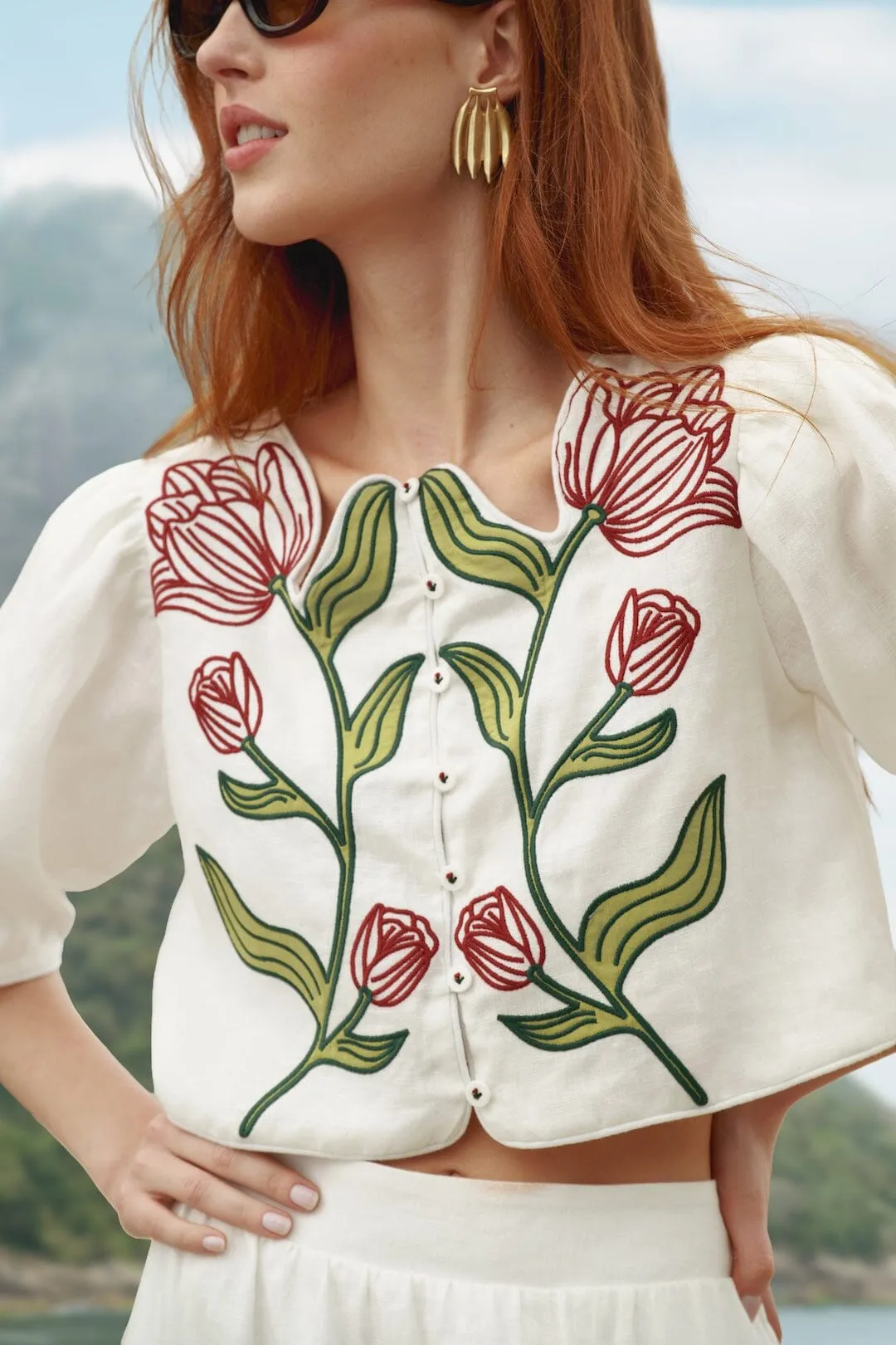 Off-White Flower Embroidered Euroflax Premium Linen Crop Top sold by FARM Rio product image thumbnail 2