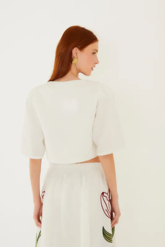 Off-White Flower Embroidered Euroflax Premium Linen Crop Top made by FARM Rio