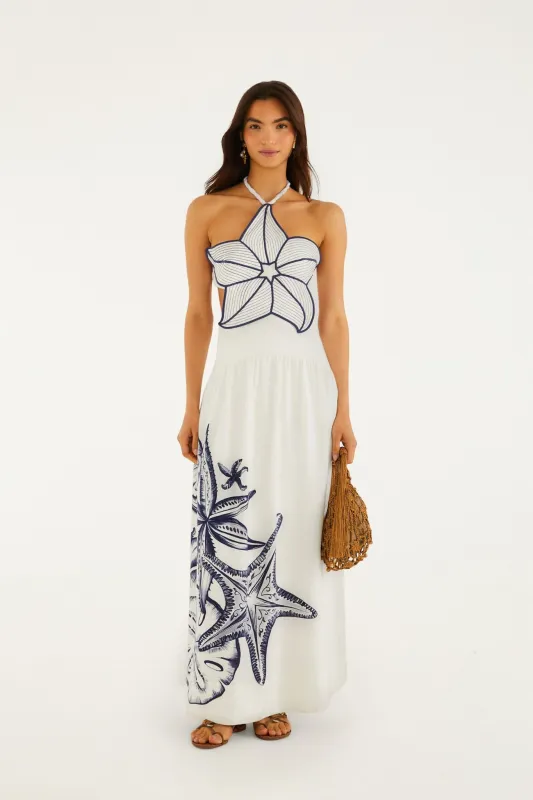 Off-White Coast Stars 3d Bodice Lenzing Ecovero Euroflax Maxi Dress made by FARM Rio