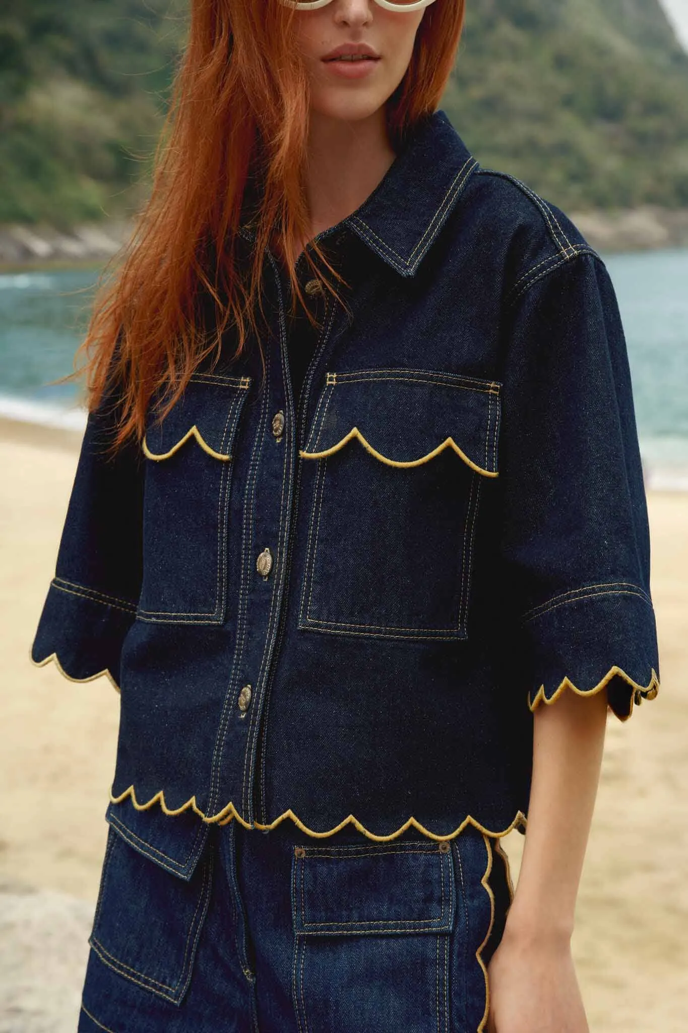 Dark Denim Wavy Hem Short Sleeve Shirt sold by FARM Rio product image thumbnail 5
