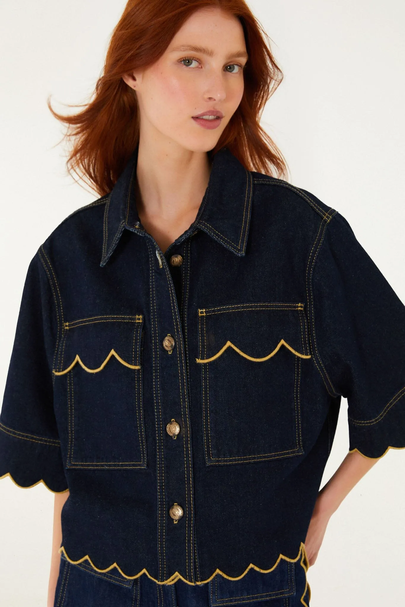 Dark Denim Wavy Hem Short Sleeve Shirt sold by FARM Rio product image thumbnail 4