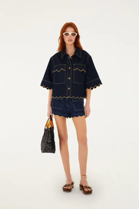 Dark Denim Wavy Hem Short Sleeve Shirt made by FARM Rio