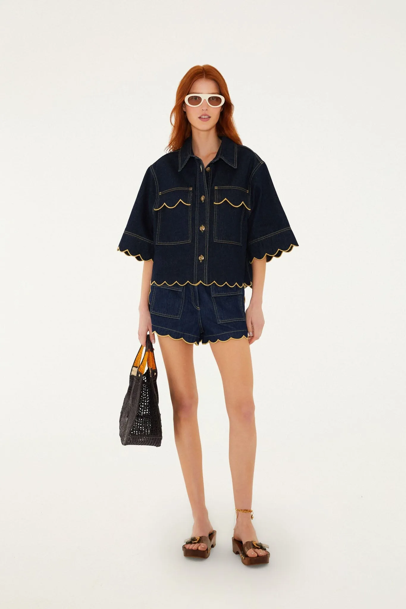 Dark Denim Wavy Hem Short Sleeve Shirt sold by FARM Rio
