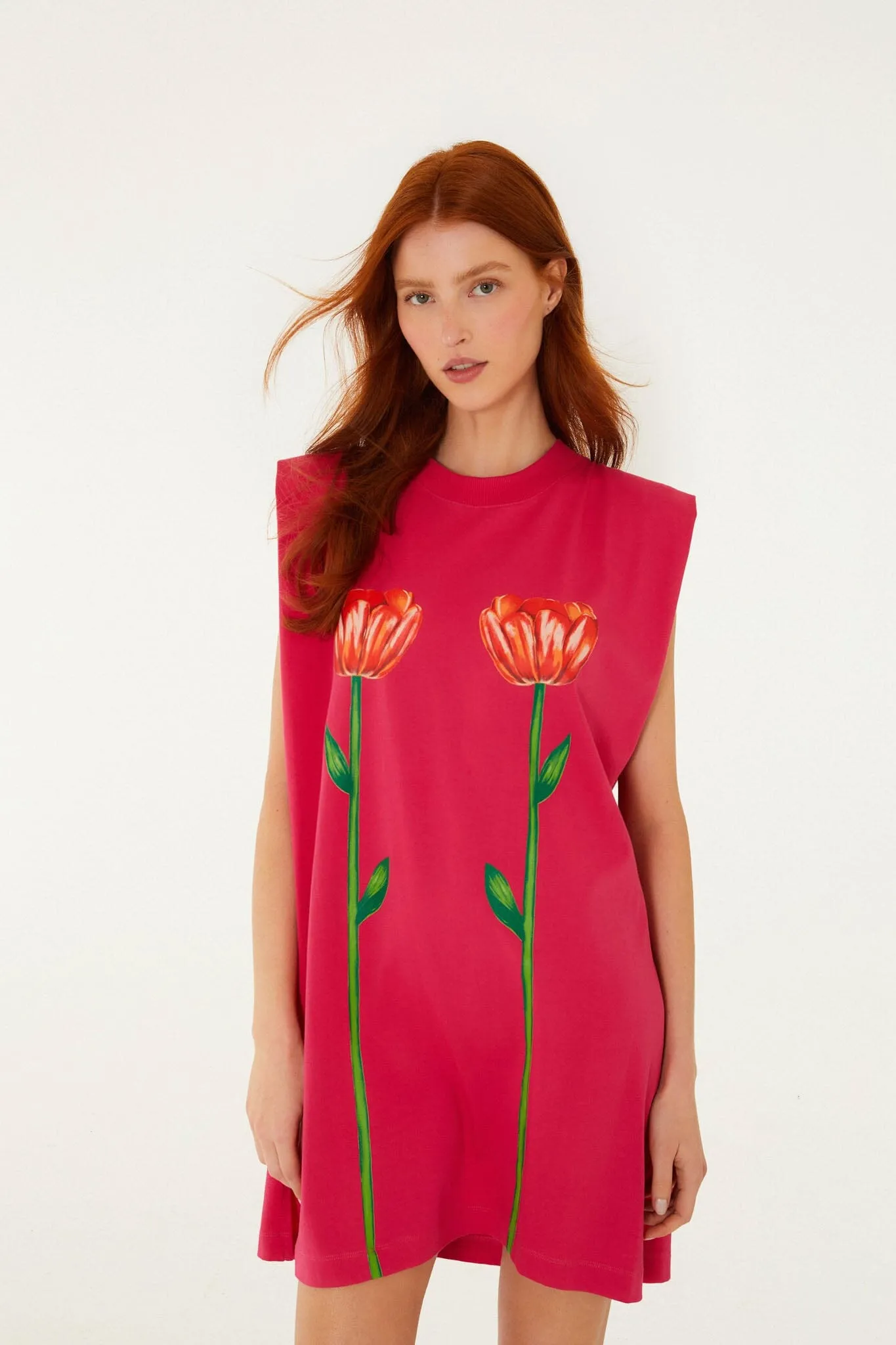 Pink Tropical Rose Padded Shoulders Mini Dress sold by FARM Rio