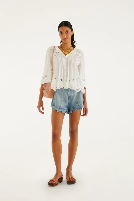 Light Denim Romantic Wavy Hem Shorts made by FARM Rio
