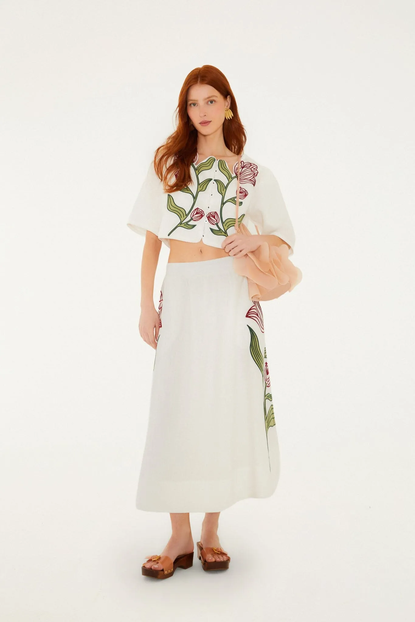 Off-White Flower Embroidered Euroflax Premium Linen Midi Skirt sold by FARM Rio