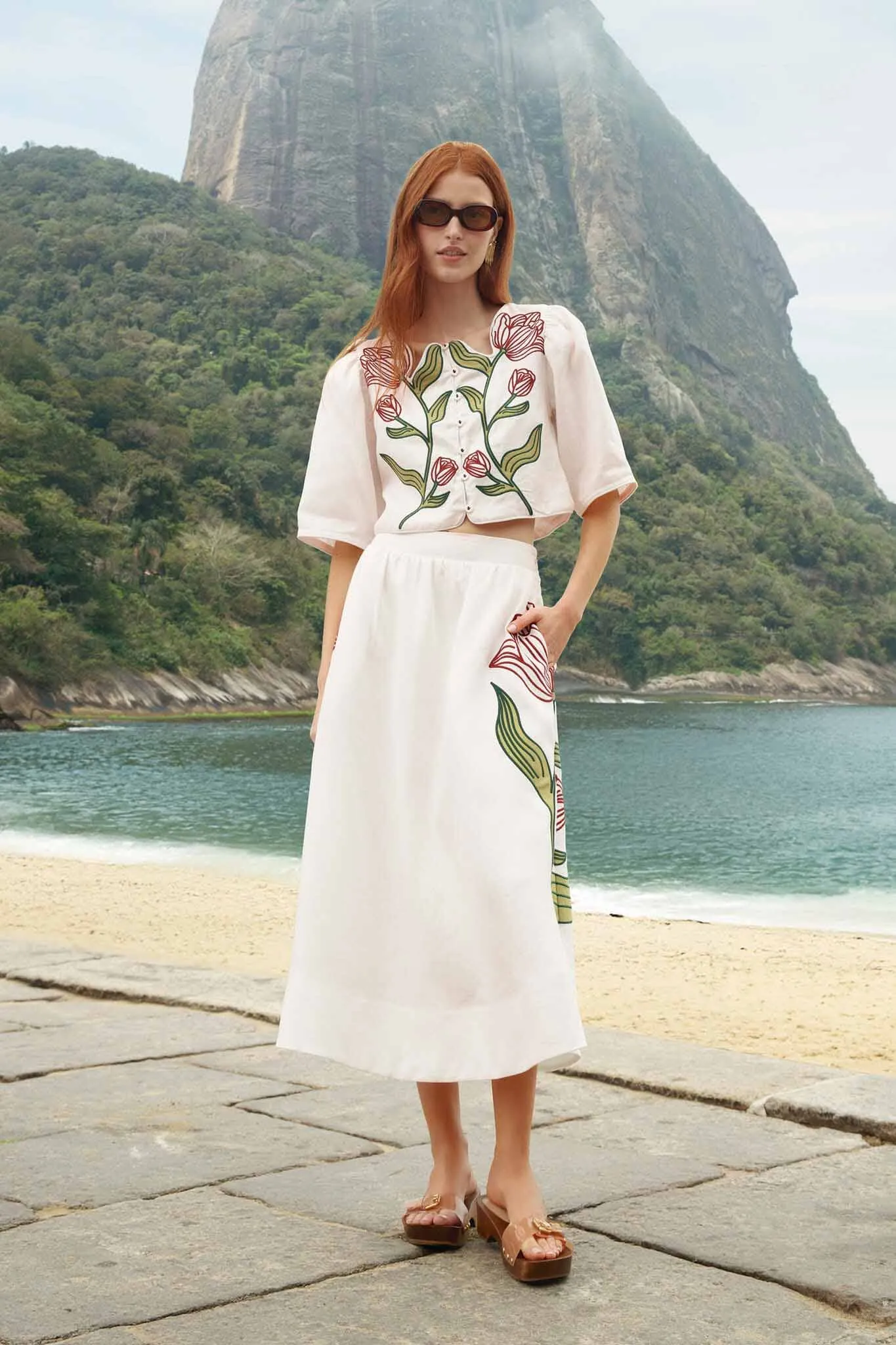 Off-White Flower Embroidered Euroflax Premium Linen Midi Skirt sold by FARM Rio product image thumbnail 5