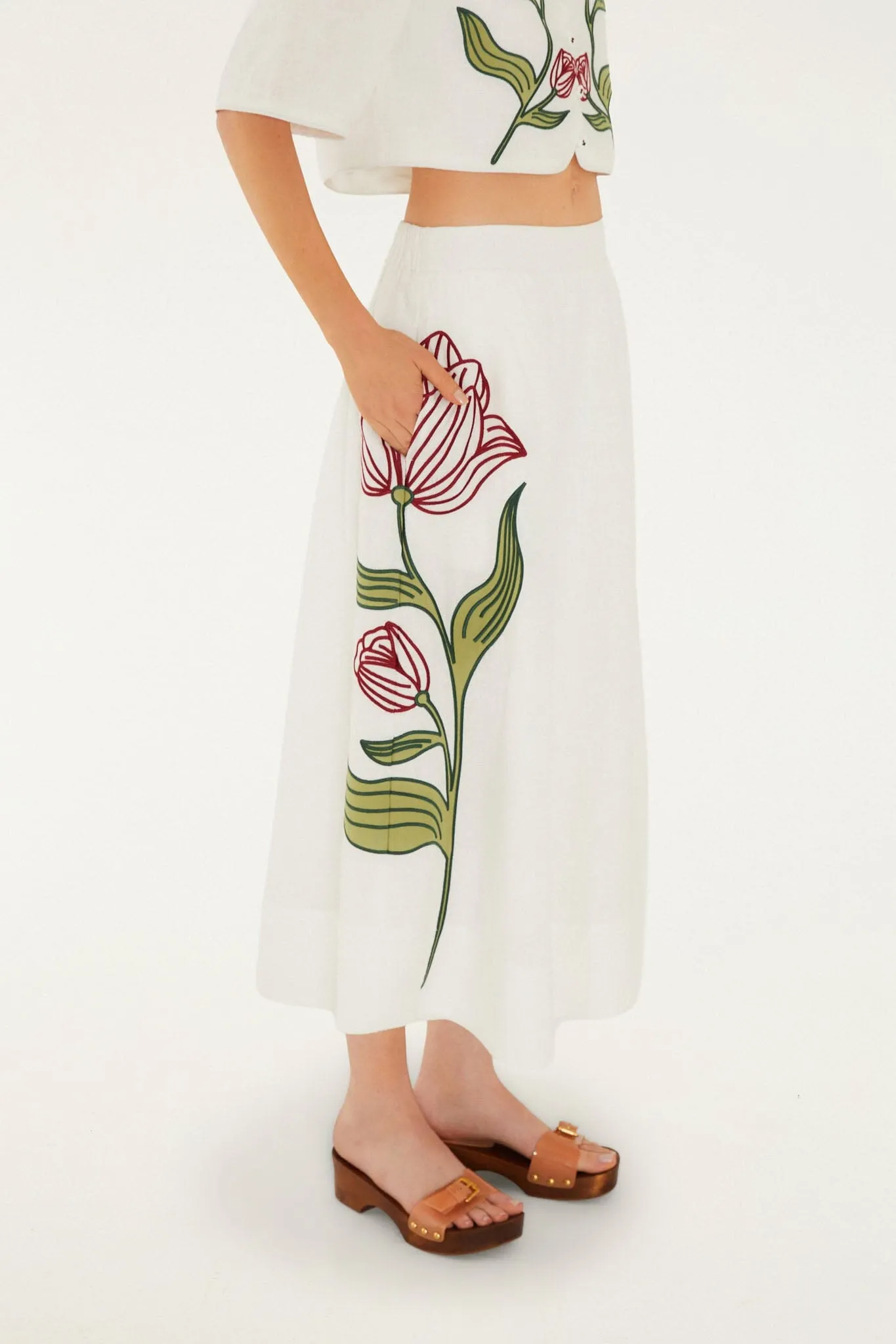 Off-White Flower Embroidered Euroflax Premium Linen Midi Skirt sold by FARM Rio product image thumbnail 2