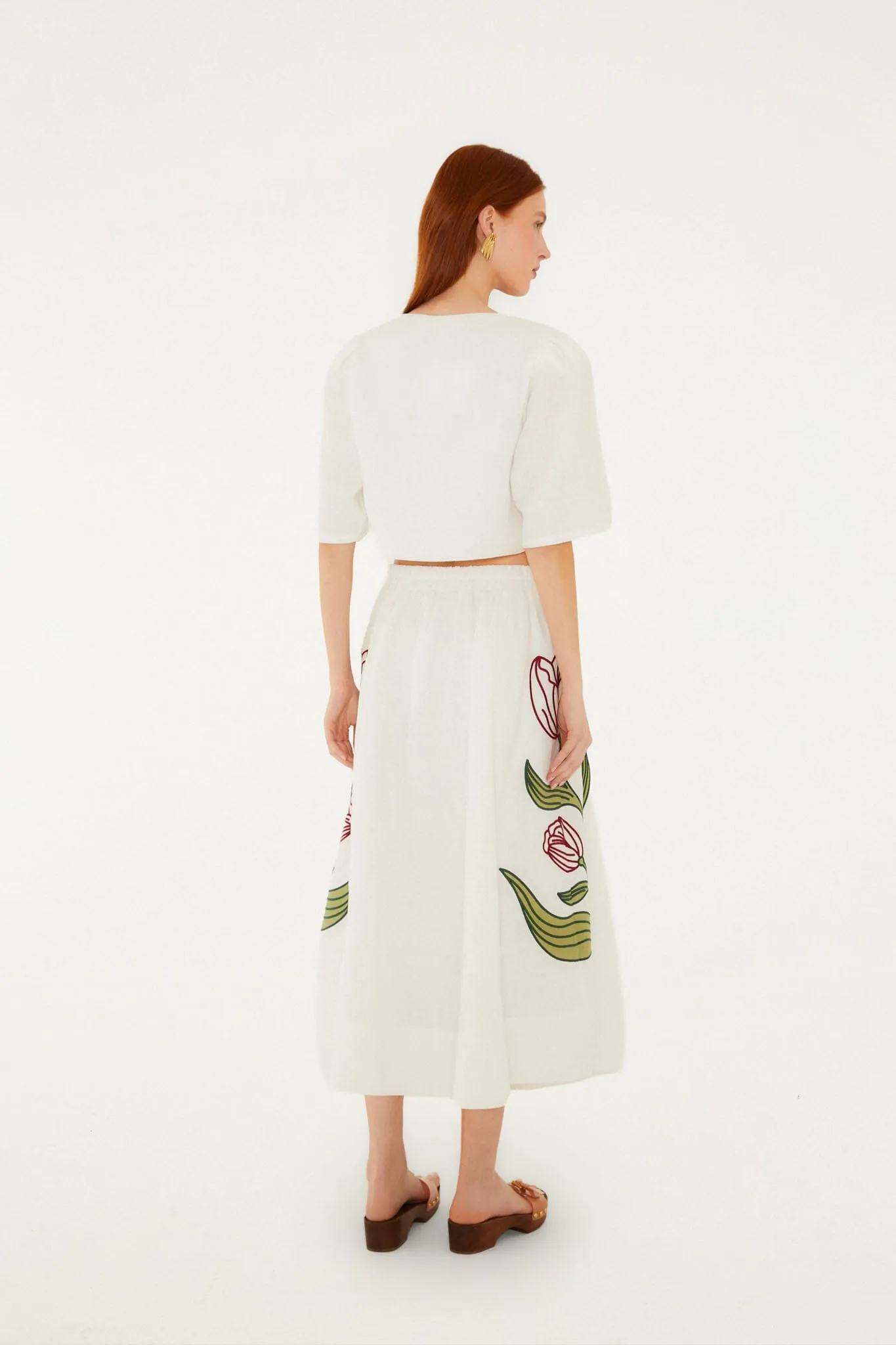 Off-White Flower Embroidered Euroflax Premium Linen Midi Skirt sold by FARM Rio product image thumbnail 4