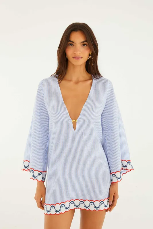Blue Stripes Embroidered Open Back Mini Dress made by FARM Rio