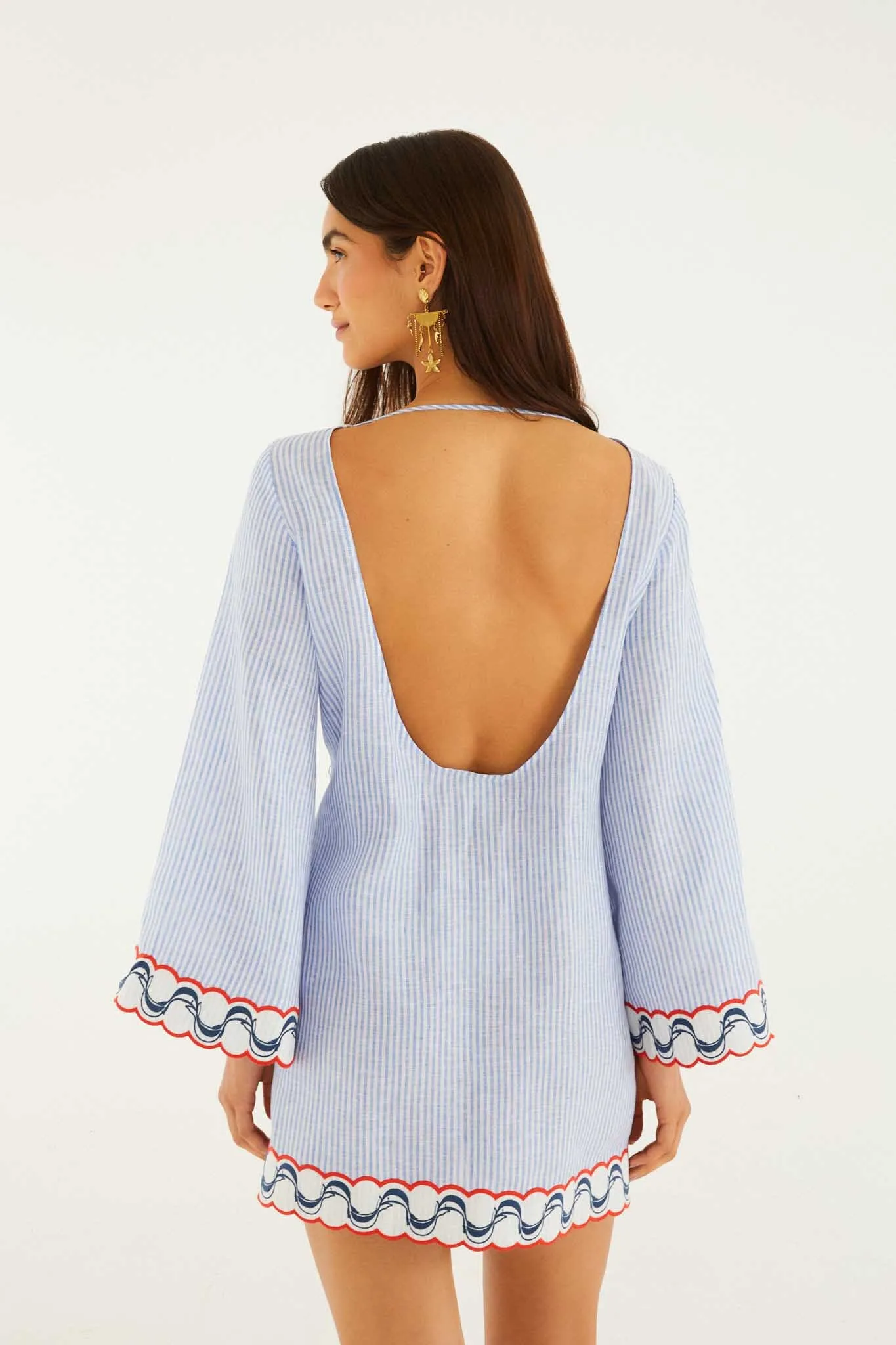 Blue Stripes Embroidered Open Back Mini Dress sold by FARM Rio product image thumbnail 3