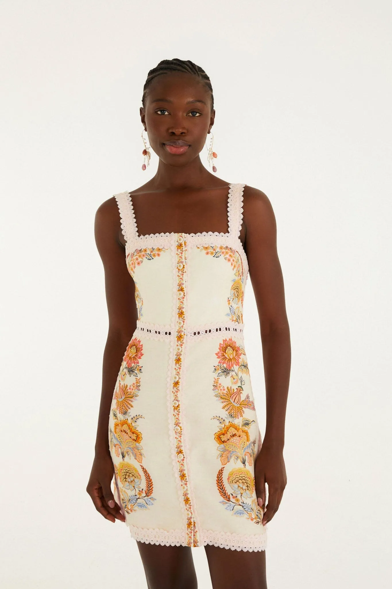 Light Pink Ligia Lace Buttoned Euroflax Premium Linen Mini Dress sold by FARM Rio